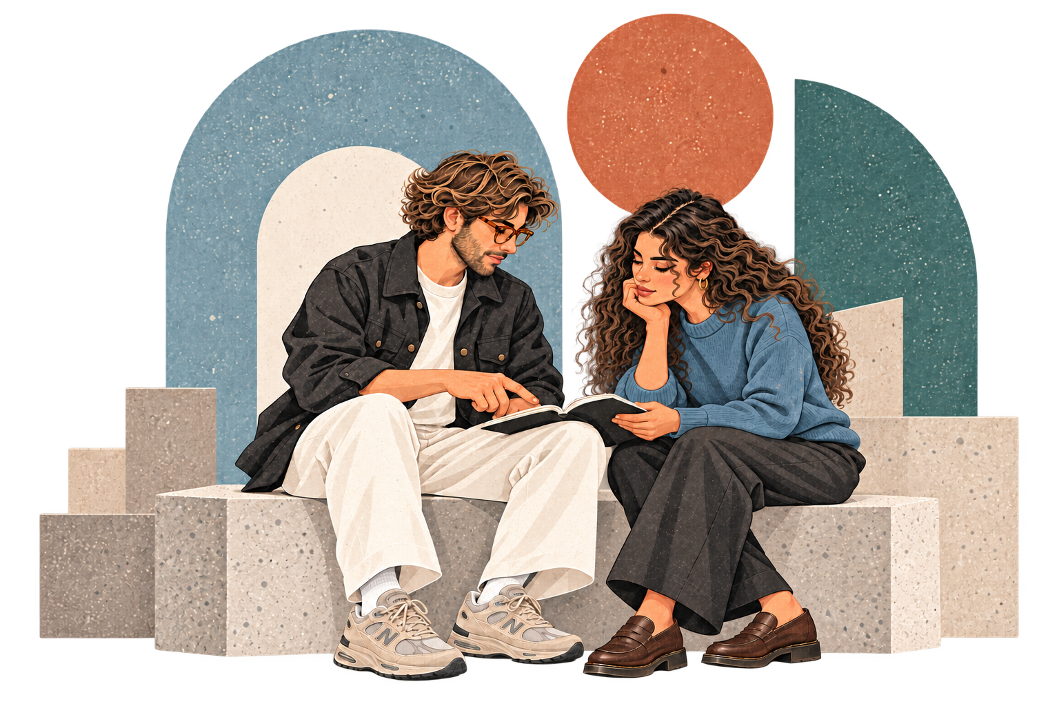 Two colleagues talking together over a shared notebook.