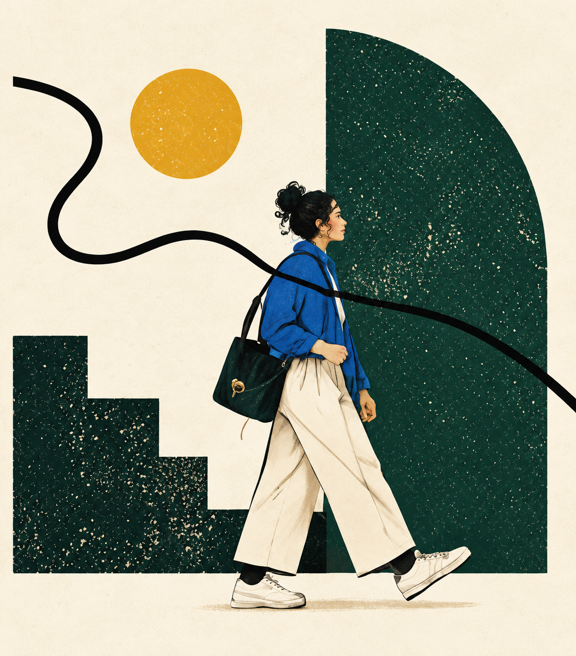 A person in a blue jacket and cream trousers walks past abstract forest-green steps and a curved shape, with a golden circle and a flowing black line.